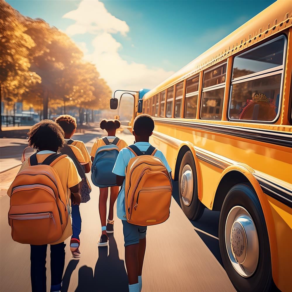  school bus image with students travelling by public transport; concept of kids and education 